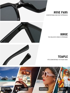 Detail view of black square sunglasses showing ergonomic nose pads and metal hinges