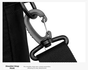 Detail of detachable 360-degree swivel hook and high-density nylon shoulder strap