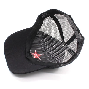 Detail view of black mesh baseball cap showing red and white star embroidery on the brim
