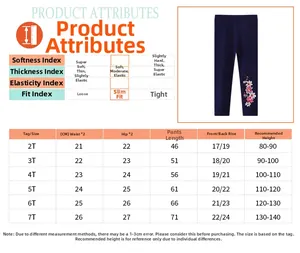 Tableau des tailles pour leggings fille à broderie florale du 2T au 7T en bleu marine