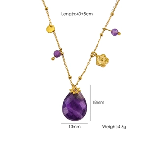 Handmade necklace with purple teardrop gemstone, golden chain, and natural pearl accents