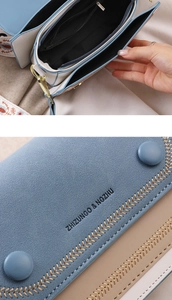 Detail view of stylish crossbody bag showing inner compartments and textured leather finish