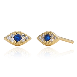 Detail of S925 silver evil eye stud earrings with blue zircon and pavé crystals