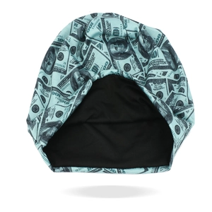 Detail of teal beanie with dollar bill print and black knitted lining for warmth