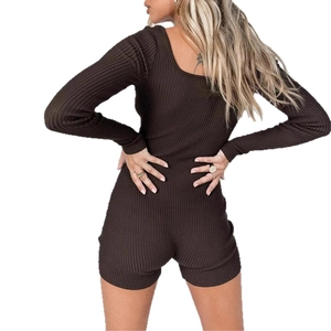 Brown ribbed knit long sleeve yoga bodysuit with U-shape backless design for women