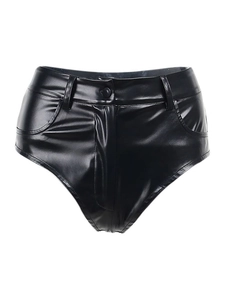 Damen High Waist PU-Leder Hotpants in Schwarz mit schmaler Passform und Glanzoptik