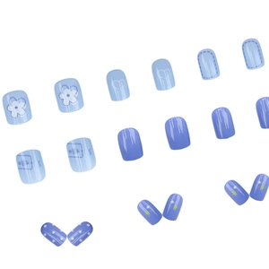 Short square light blue press-on nails with cartoon 3D flowers and heart patterns