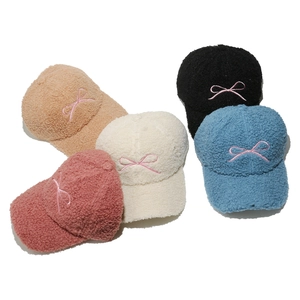 Plush lamb wool baseball caps with pink bow embroidery in five assorted colors