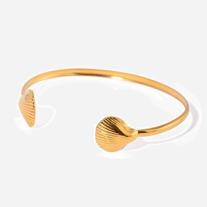 Vintage Stainless Steel Shell Open Bangle For Women 18K Gold Plated Scallop Texture Beach Style Fashion Jewelry Bracelet