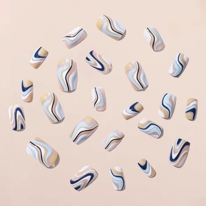 Blue and beige marble ripple pattern short square press-on nails with fluid wave design