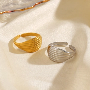 Minimalist 18K gold and silver plated titanium steel rings with textured stripe design