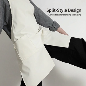 Waterproof off-white canvas apron with split-front design and large pockets for kitchen