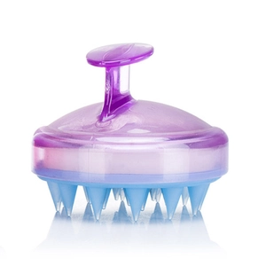 Ergonomische hoofdhuid massageborstel met paarse handgreep en blauwe siliconen