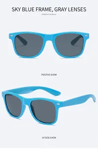 Detail of sky blue Wayfarer sunglasses with silver rivets and grey lenses from two angles