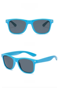 Detail of sky blue Wayfarer sunglasses with silver rivets and grey lenses from two angles
