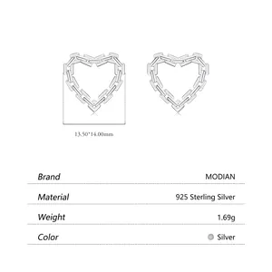 925 Sterling silver heart chain earrings with geometric design, 13.5x14mm size chart