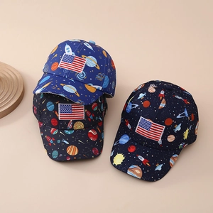 Kids' navy baseball caps with space prints and US flag patch, pack of three styles
