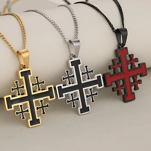 Three Jerusalem cross necklaces in gold, silver, and black with colorful enamel inlay