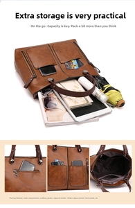 Detail view of large brown PU leather tote bag interior with multiple zipper pockets
