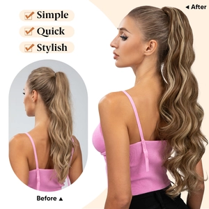 Long wavy ponytail extension before and after comparison in light brown blonde hair