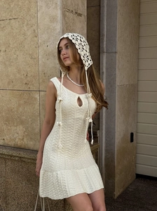 Abito Mini In Maglia All'uncinetto Senza Maniche Con Foulard Coordinato Ritaglio A Goccia Boho Sexy Vacanze Estive Donna