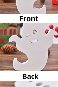 Detailed front and back view of a white wooden ghost decor for Halloween tray displays