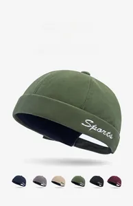 Close-up of cotton brimless dock hat with white Sports embroidery in various colors