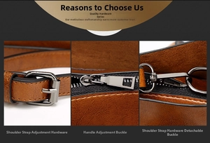 Detail of gunmetal hardware on brown oil wax leather bag with adjustable strap hooks