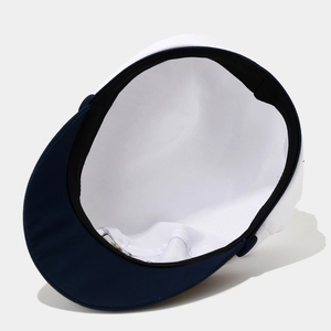 Detailed interior view of white sailor hat featuring black sweatband and durable lining