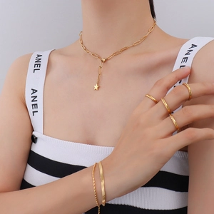 Minimalist gold-plated stainless steel star pendant necklace, rings, and bracelets set