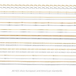 Various S925 sterling silver chain styles including O-link and snake chain in silver and gold