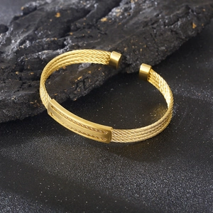 Modern gold multi-layer cable wire open cuff bracelet with brushed metal texture bar