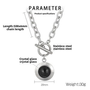 Macro view of 20mm black crystal pendant on stainless steel chain with OT toggle clasp