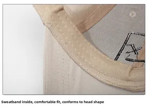 Detail of the inner sweatband and mesh lining of the embroidered beige baseball cap