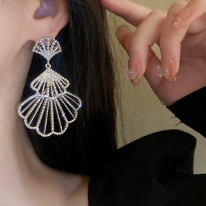 Elegant tiered fan-shaped drop earrings with sparkling rhinestones in silver finish