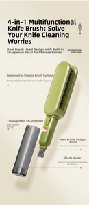 Green 4-in-1 kitchen knife cleaning brush with built-in whetstone and U-shaped bristles