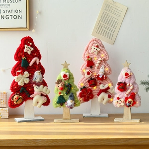 Handmade wool felt Christmas tree ornaments with LED lights and wooden base decoration