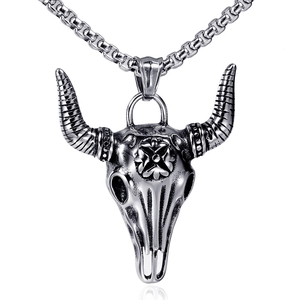 Vintage punk style bull skull pendant necklace with box chain and floral engraving