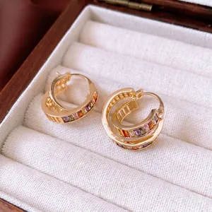 Vintage gold plated double hoop earrings with rainbow square cubic zirconia stones