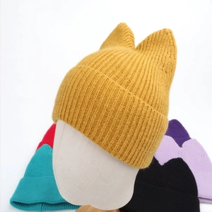 Detailed texture of thick ribbed knit hat with cute cat ear design in various colors