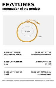 Detail view of gold stainless steel snake chain anklet with length and width dimensions