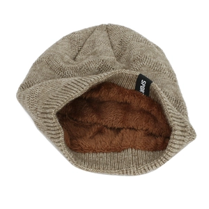 Winter knit beanie for men with thick fleece lining and Sport label in khaki brown