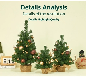 Three mini Christmas trees with gold ornaments and rustic burlap bases in a festive scene