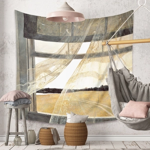 Artistic window view tapestry with golden wheat field on a light textured wall