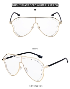 Detailed front and side views of irregular oversized gold metal frame sunglasses