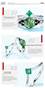 Macro detail of S925 silver ring set with hexagonal green moss agate and V-shaped band