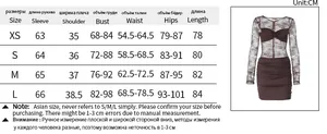 Size chart showing XS to L measurements for the brown lace backless long sleeve mini dress
