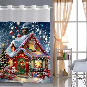 Detail eines Weihnachtsduschvorhangs mit Hütten- und Weihnachtsmann-Feiertagsdruck