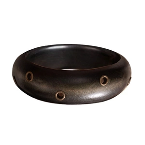 Retro wide wood bangle with bronze metal eyelets in a minimalist vintage style