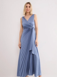 Women Elegant Sleeveless Deep V Neck Maxi Dress Pleated Backless High Waist Solid Color Polyester Evening Party Gown